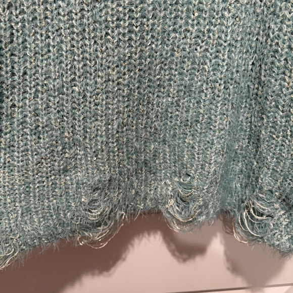DAVI & DANI Teal Fuzzy Knit Sweater with Sequin Accents and distressing - Picture 5 of 6